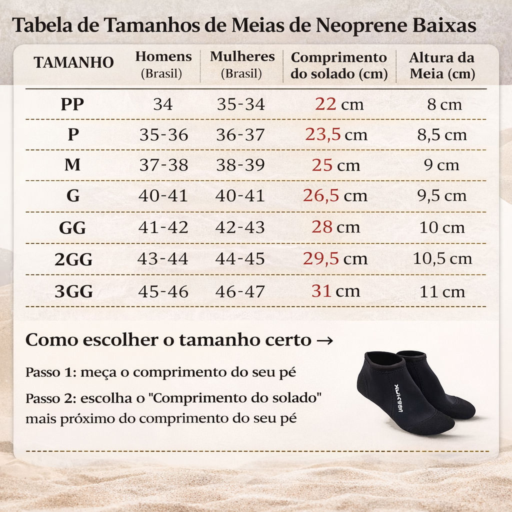 Meia de Neoprene Cano Baixo para Beach Tennis e Vôlei